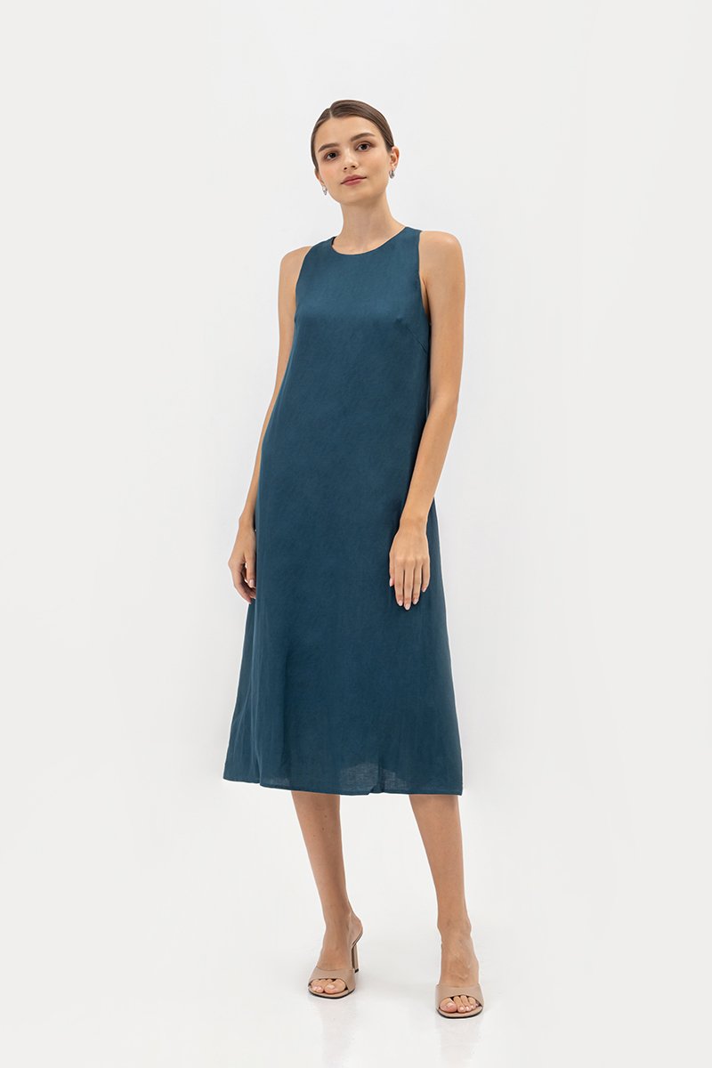 IDRA V BACK MIDI LINEN DRESS