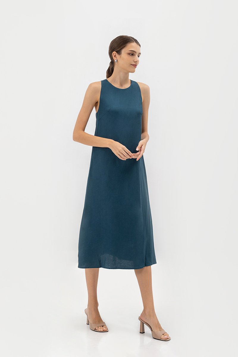 IDRA V BACK MIDI LINEN DRESS