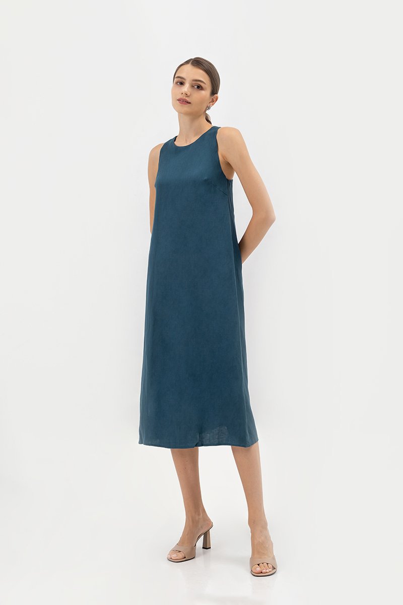 IDRA V BACK MIDI LINEN DRESS