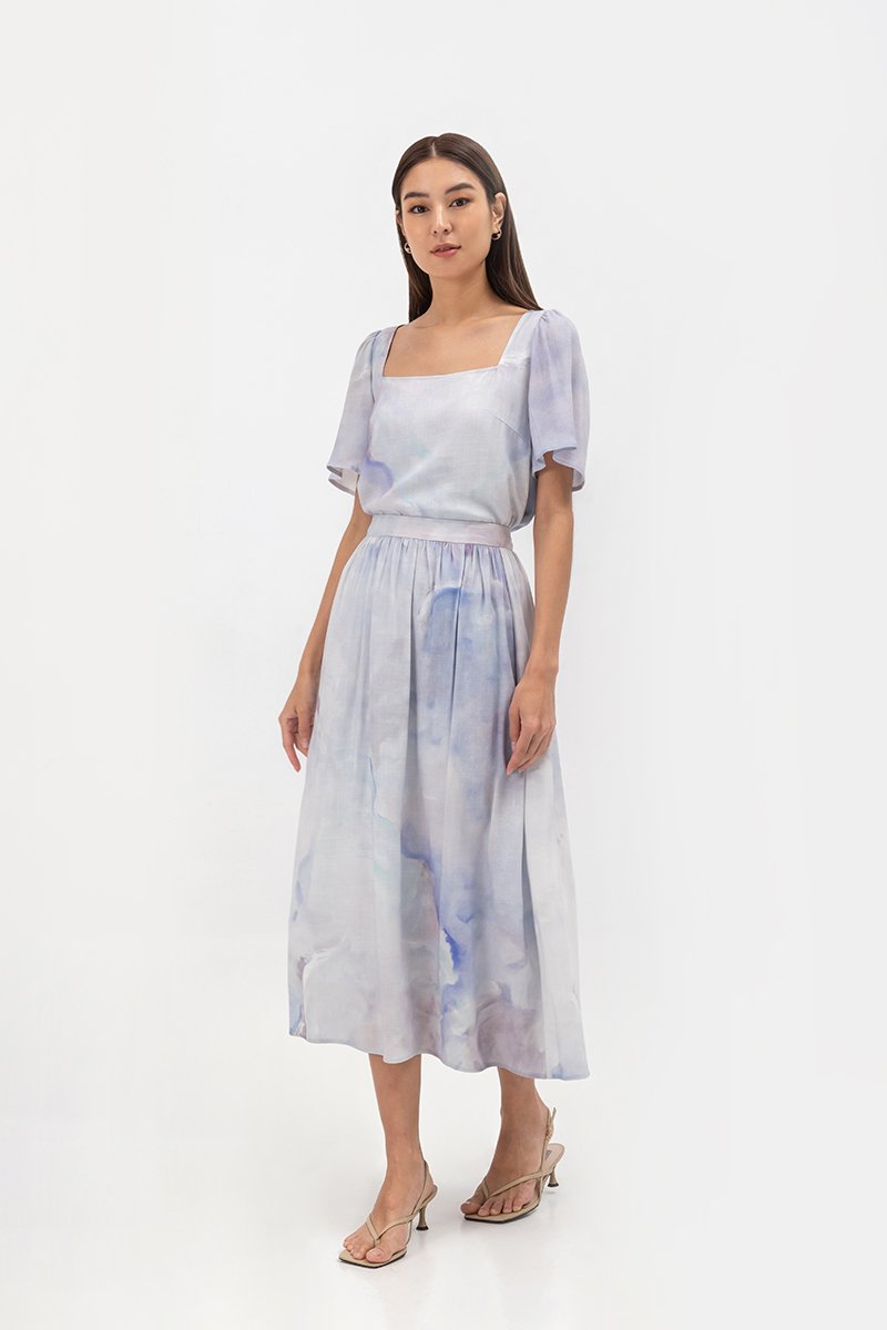 LIESA PRINTED GATHERED FLARE MIDI LINEN SKIRT