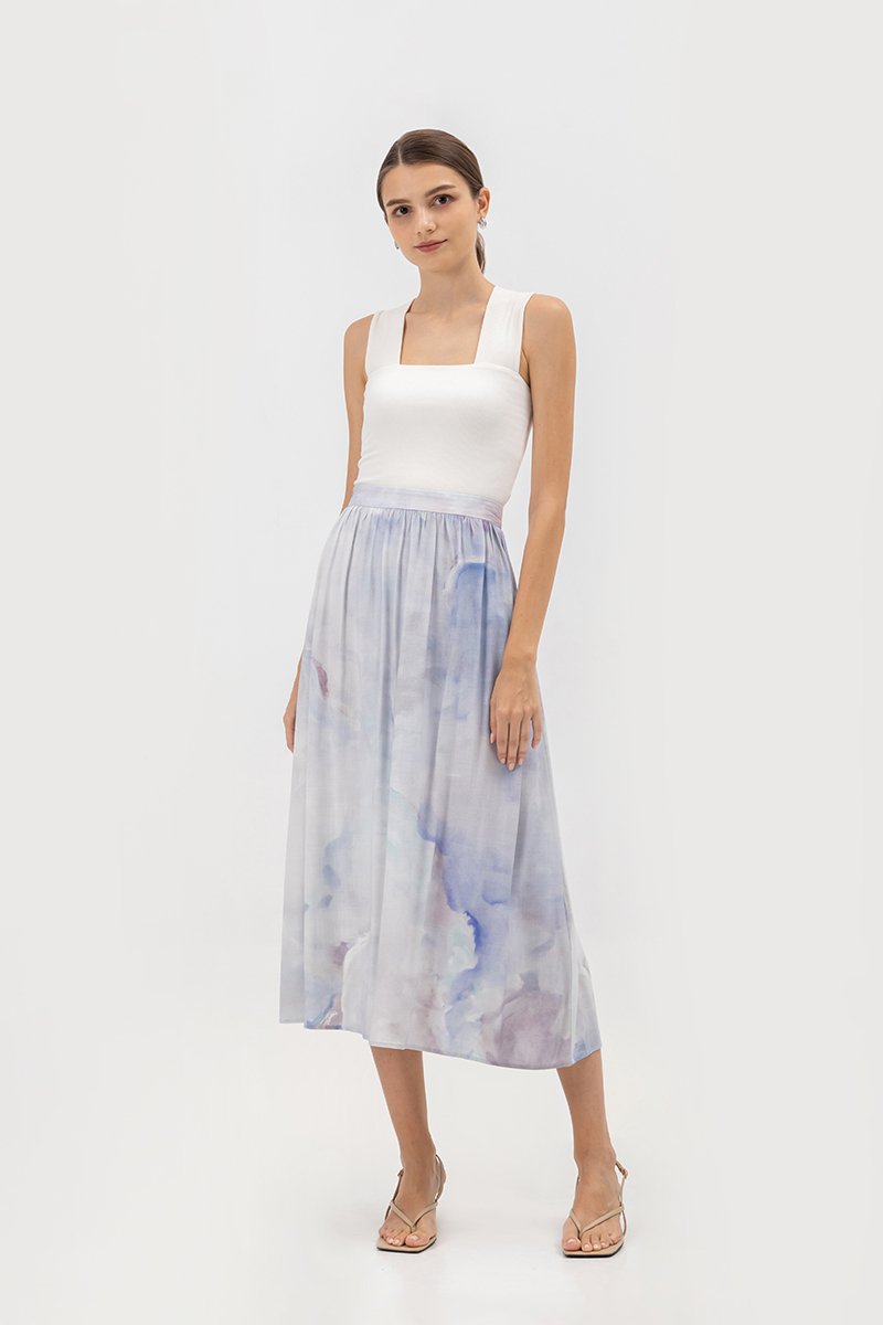 LIESA PRINTED GATHERED FLARE MIDI LINEN SKIRT