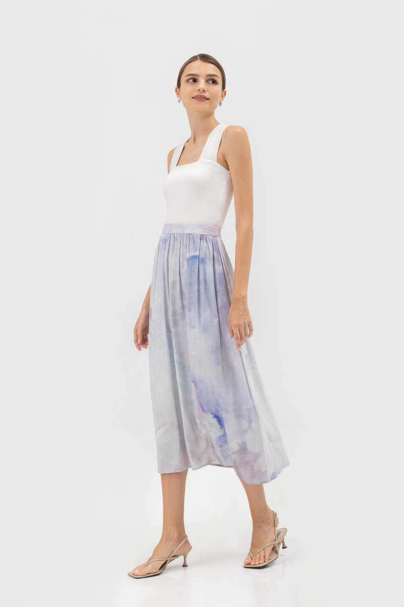LIESA PRINTED GATHERED FLARE MIDI LINEN SKIRT