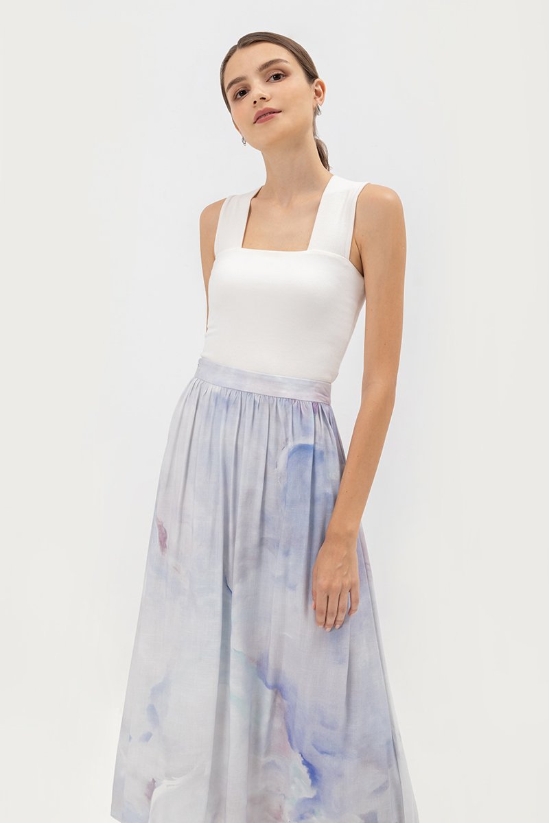 LIESA PRINTED GATHERED FLARE MIDI LINEN SKIRT