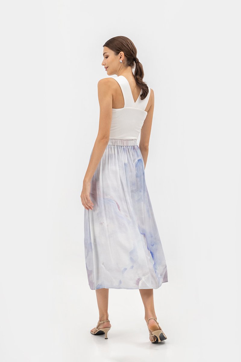 LIESA PRINTED GATHERED FLARE MIDI LINEN SKIRT