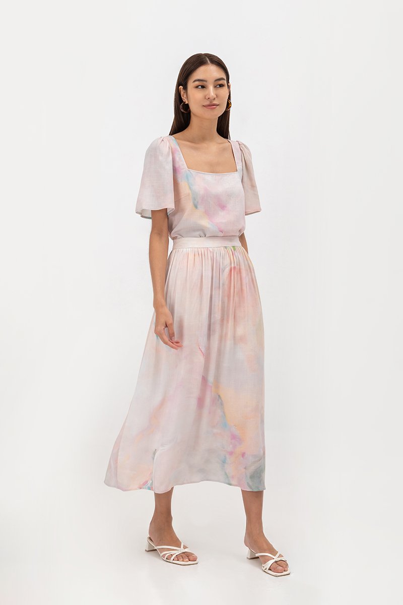 LIESA PRINTED GATHERED FLARE MIDI LINEN SKIRT