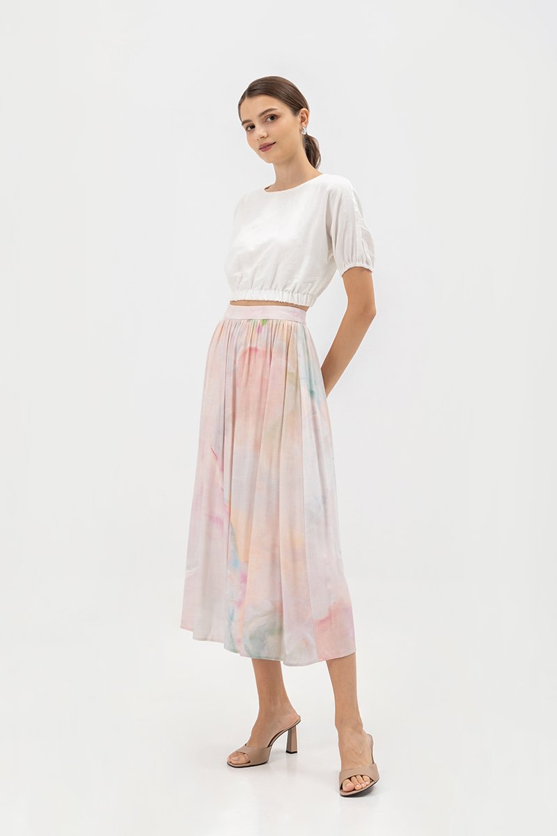 LIESA PRINTED GATHERED FLARE MIDI LINEN SKIRT