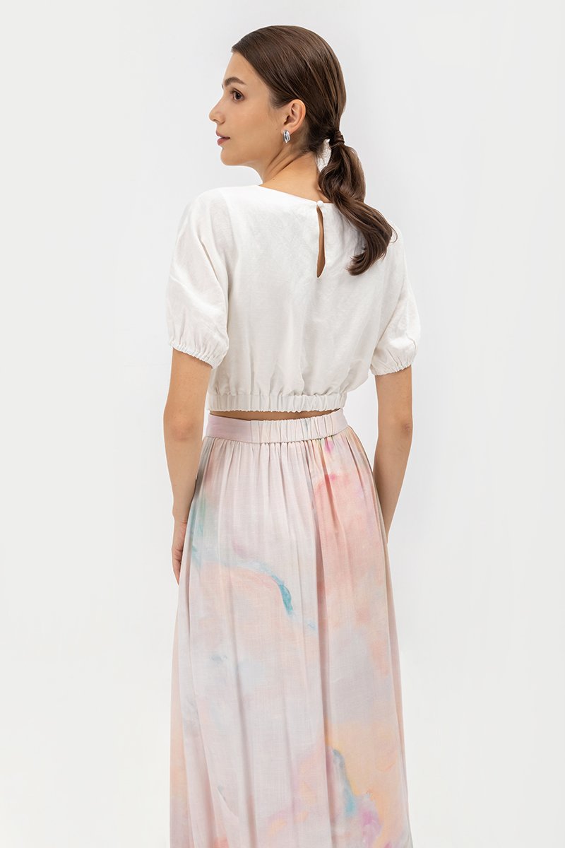 LIESA PRINTED GATHERED FLARE MIDI LINEN SKIRT