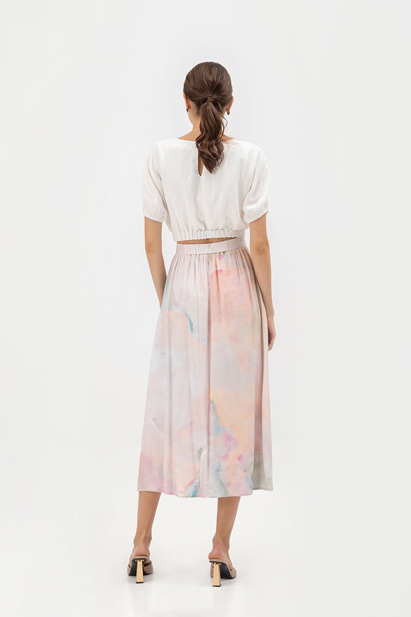 LIESA PRINTED GATHERED FLARE MIDI LINEN SKIRT
