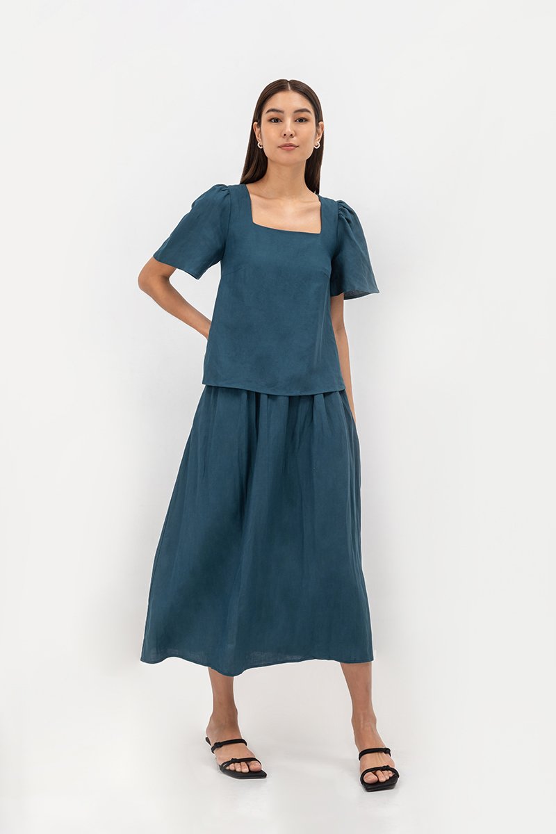 RAYNE FLARE MIDI LINEN SKIRT