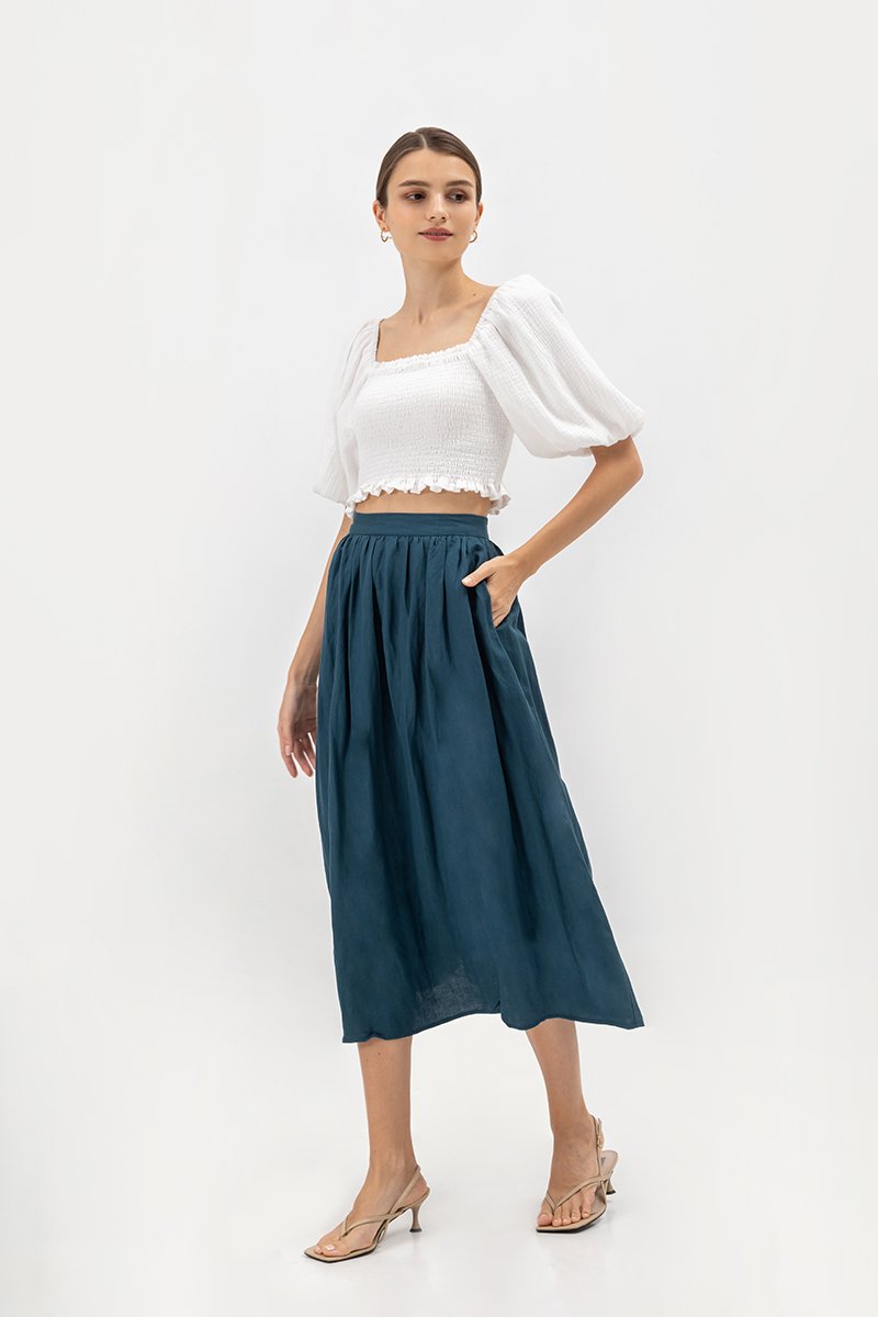 RAYNE FLARE MIDI LINEN SKIRT