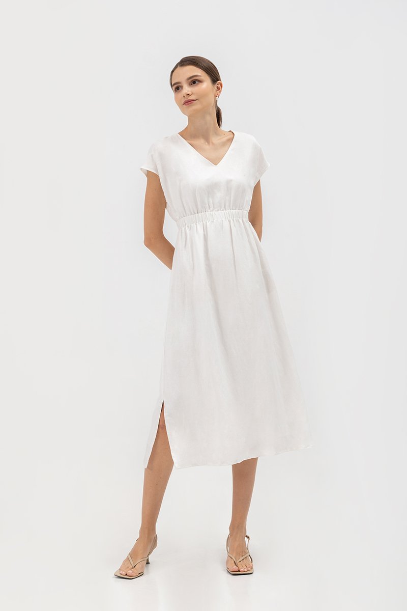 SABAELA CAP SLEEVE ELASTIC WAISTBAND MIDI DRESS