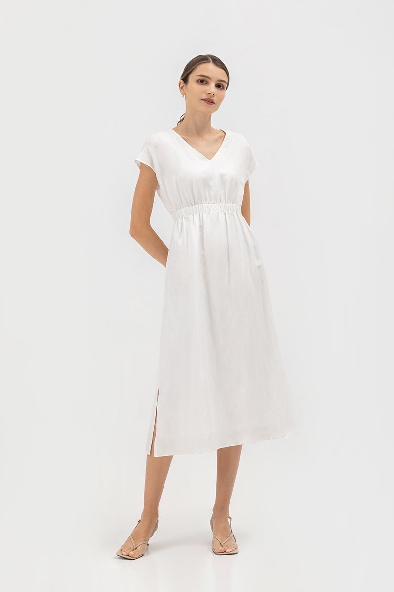 SABAELA CAP SLEEVE ELASTIC WAISTBAND MIDI DRESS