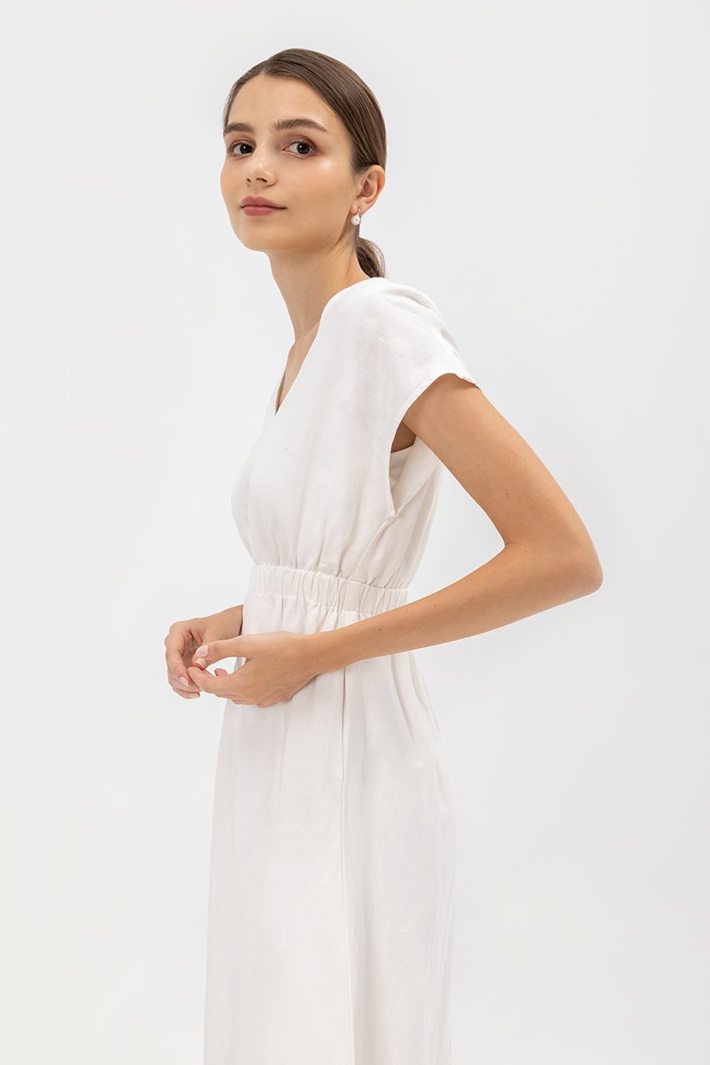 SABAELA CAP SLEEVE ELASTIC WAISTBAND MIDI DRESS