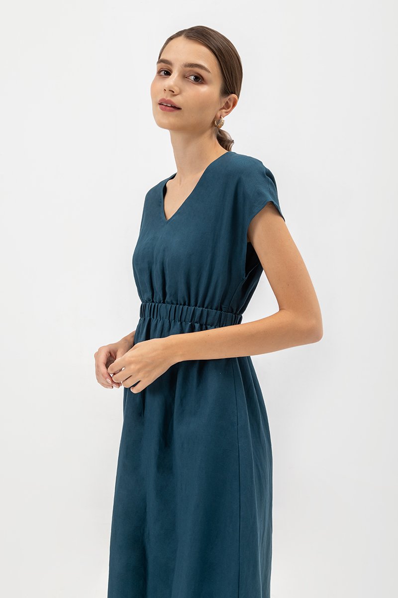 SABAELA CAP SLEEVE ELASTIC WAISTBAND MIDI DRESS