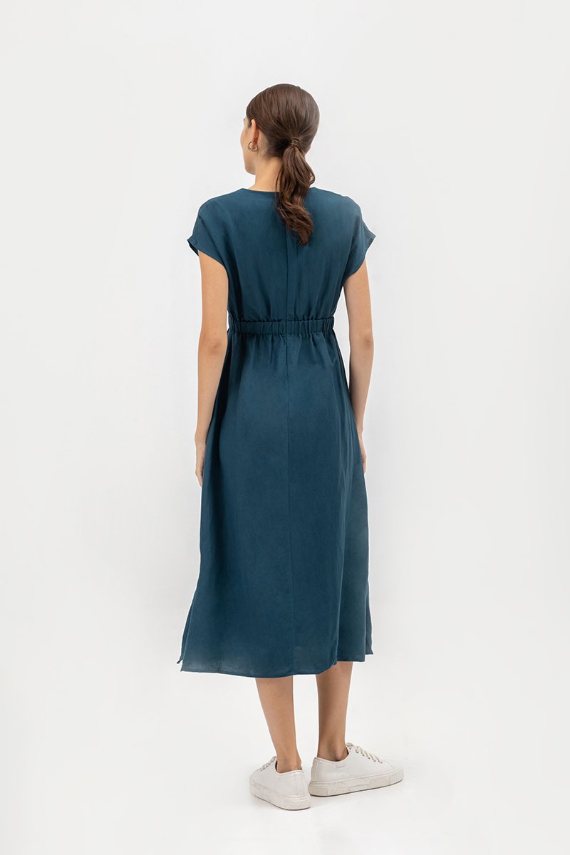 SABAELA CAP SLEEVE ELASTIC WAISTBAND MIDI DRESS