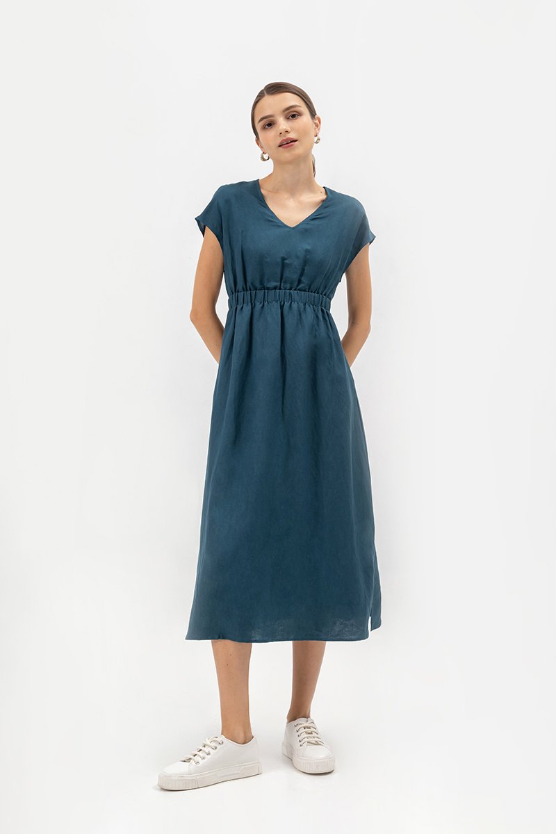 SABAELA CAP SLEEVE ELASTIC WAISTBAND MIDI DRESS