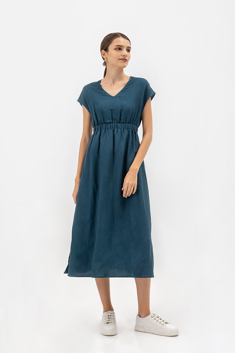SABAELA CAP SLEEVE ELASTIC WAISTBAND MIDI DRESS