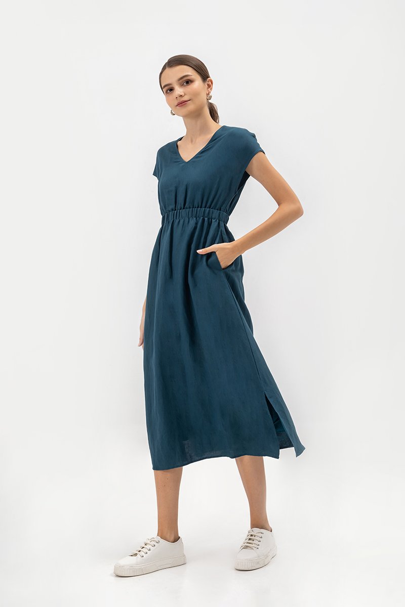 SABAELA CAP SLEEVE ELASTIC WAISTBAND MIDI DRESS