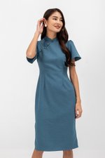 AUBRIELLE FLUTTER SLEEVE TWEED MIDI CHEONGSAM