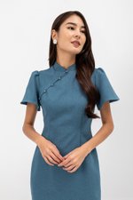 AUBRIELLE FLUTTER SLEEVE TWEED MIDI CHEONGSAM