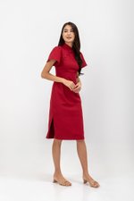 AUBRIELLE FLUTTER SLEEVE TWEED MIDI CHEONGSAM