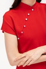 ELLERIE CAP SLEEVE CONTRAST BUTTON CHEONGSAM W SASH