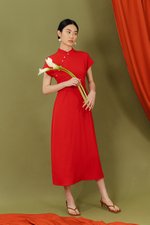 ELLERIE CAP SLEEVE CONTRAST BUTTON CHEONGSAM W SASH