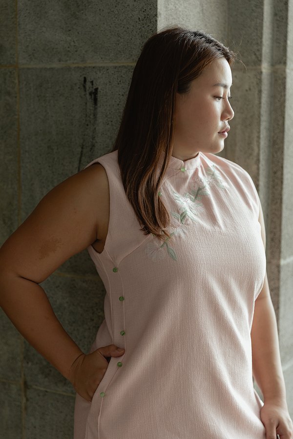 LISSE FLORAL EMBROIDERY TWEED CHEONGSAM DRESS