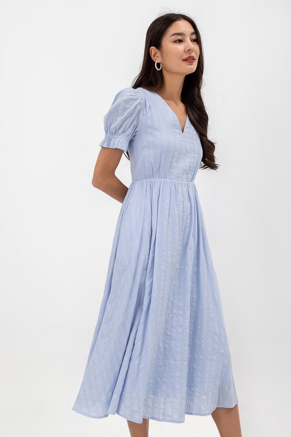 LAREINA TEXTURED V NECK MIDI DRESS