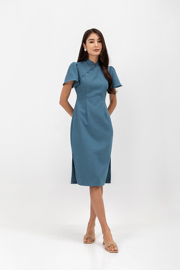 AUBRIELLE FLUTTER SLEEVE TWEED MIDI CHEONGSAM