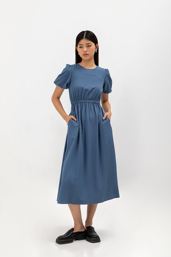 ABA PUFF SLEEVE ELASTIC TENCEL DRESS