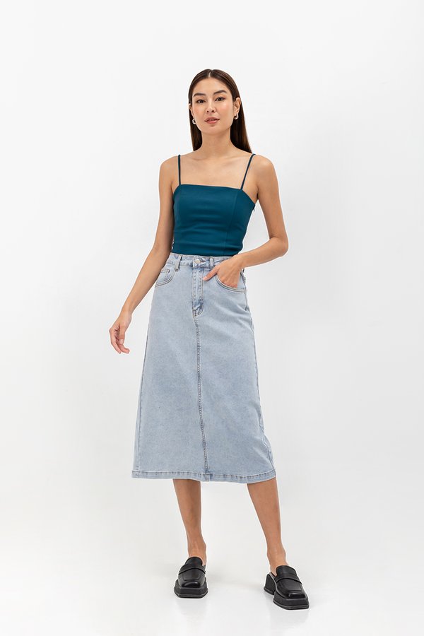 SHYLA BACK SLIT DENIM MIDI SKIRT