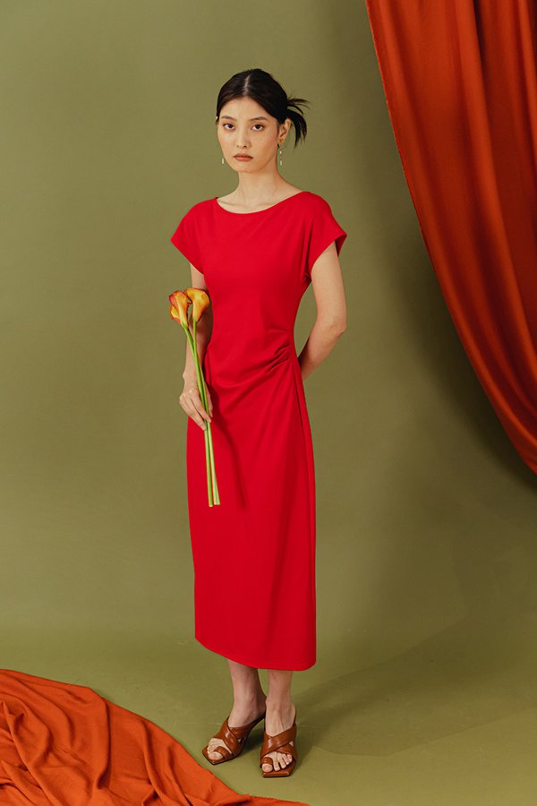 MILAN SIDE PLEATED BOATNECK DRESS