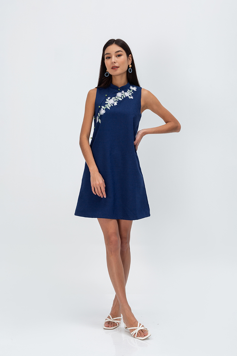 LISSE FLORAL EMBROIDERY TWEED CHEONGSAM DRESS