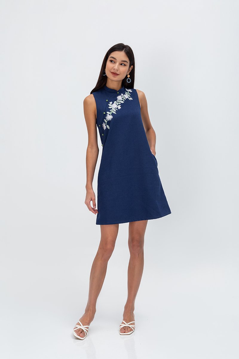 LISSE FLORAL EMBROIDERY TWEED CHEONGSAM DRESS