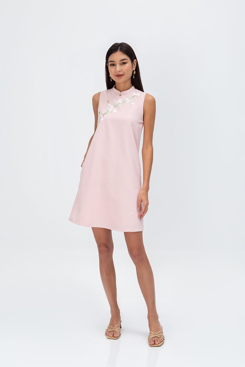 LISSE FLORAL EMBROIDERY TWEED CHEONGSAM DRESS