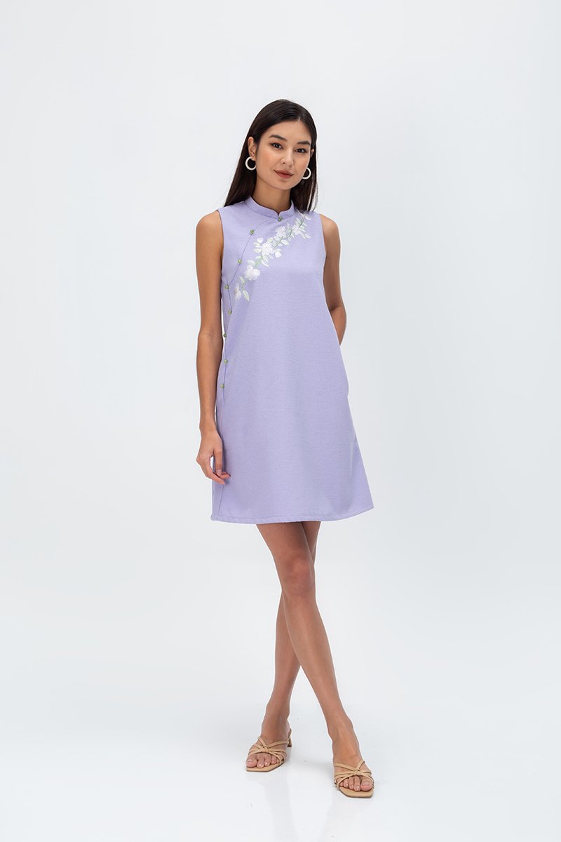 LISSE FLORAL EMBROIDERY TWEED CHEONGSAM DRESS