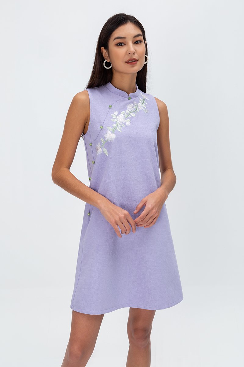 LISSE FLORAL EMBROIDERY TWEED CHEONGSAM DRESS