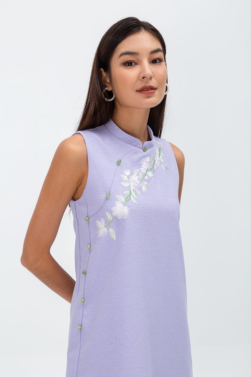 LISSE FLORAL EMBROIDERY TWEED CHEONGSAM DRESS