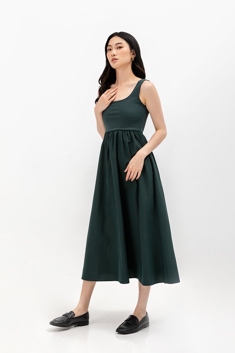 ADORA CONTRAST FABRIC SCOOPNECK MIDI DRESS