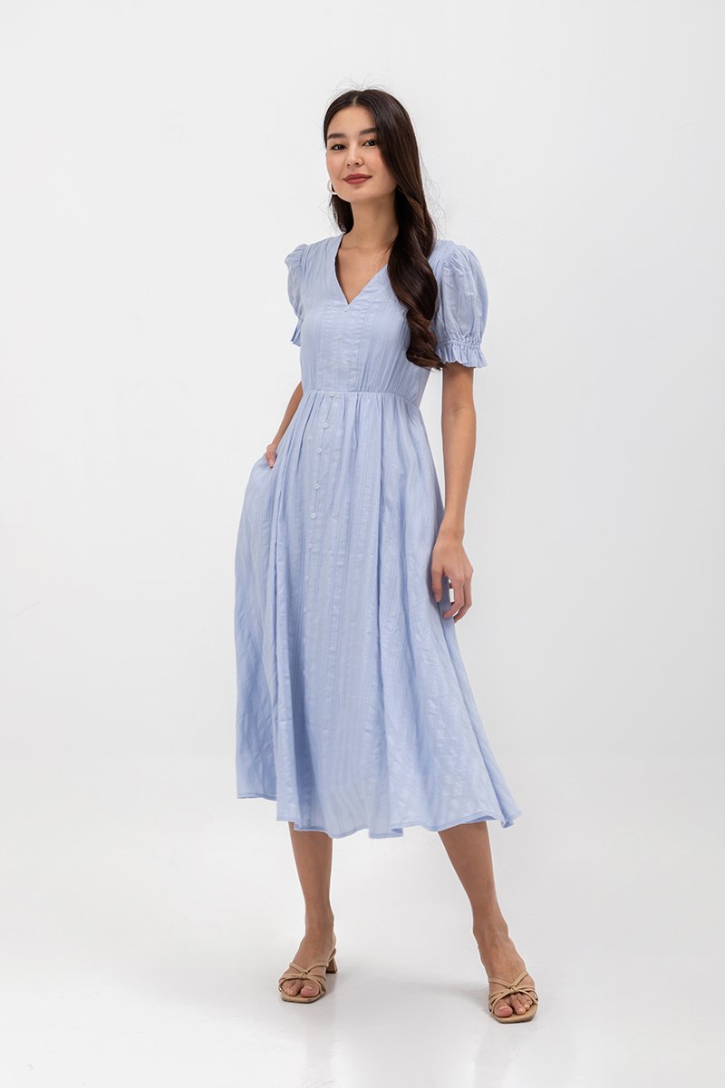 LAREINA TEXTURED V NECK MIDI DRESS