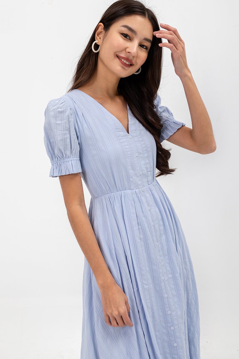 LAREINA TEXTURED V NECK MIDI DRESS