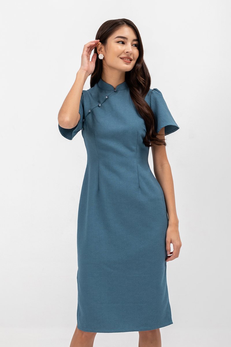 AUBRIELLE FLUTTER SLEEVE TWEED MIDI CHEONGSAM