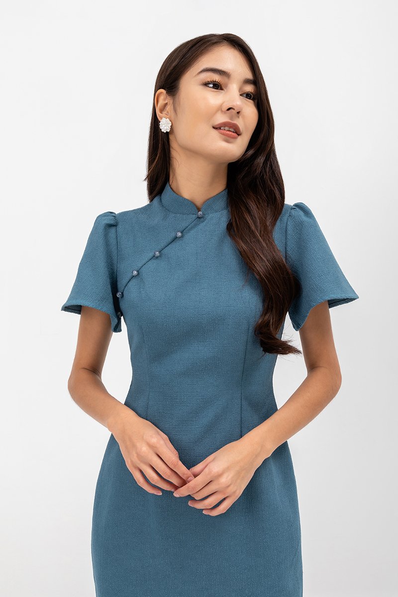 AUBRIELLE FLUTTER SLEEVE TWEED MIDI CHEONGSAM