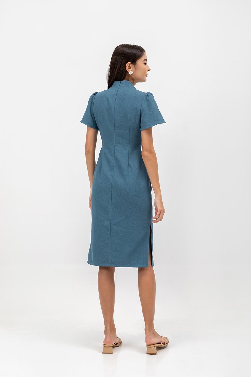 AUBRIELLE FLUTTER SLEEVE TWEED MIDI CHEONGSAM
