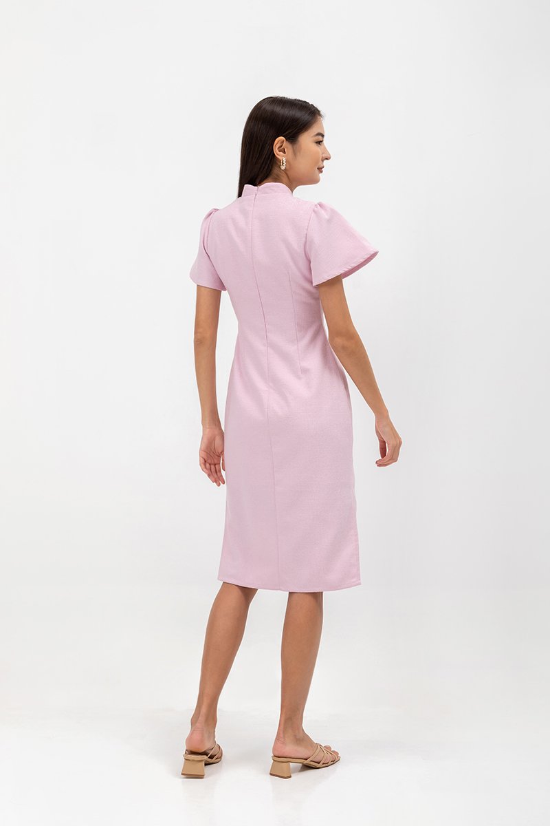 AUBRIELLE FLUTTER SLEEVE TWEED MIDI CHEONGSAM