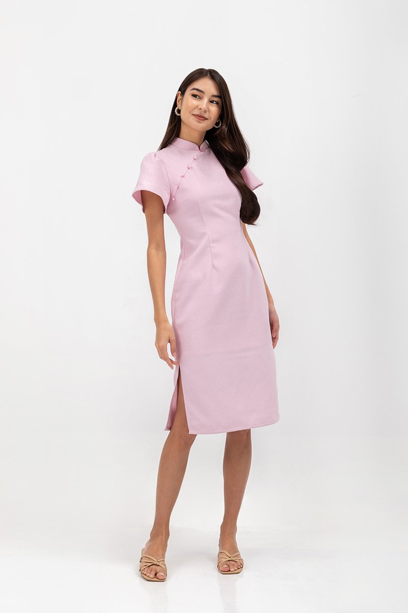 AUBRIELLE FLUTTER SLEEVE TWEED MIDI CHEONGSAM
