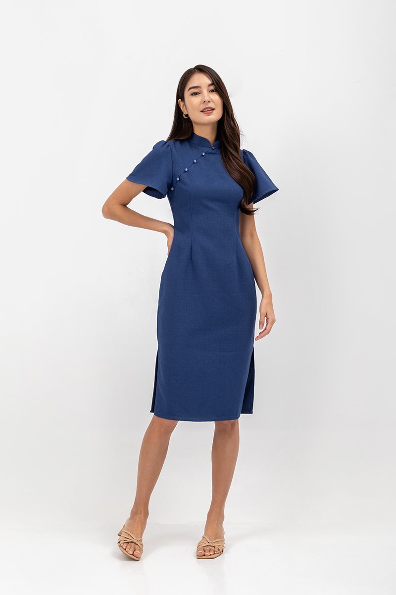 AUBRIELLE FLUTTER SLEEVE TWEED MIDI CHEONGSAM