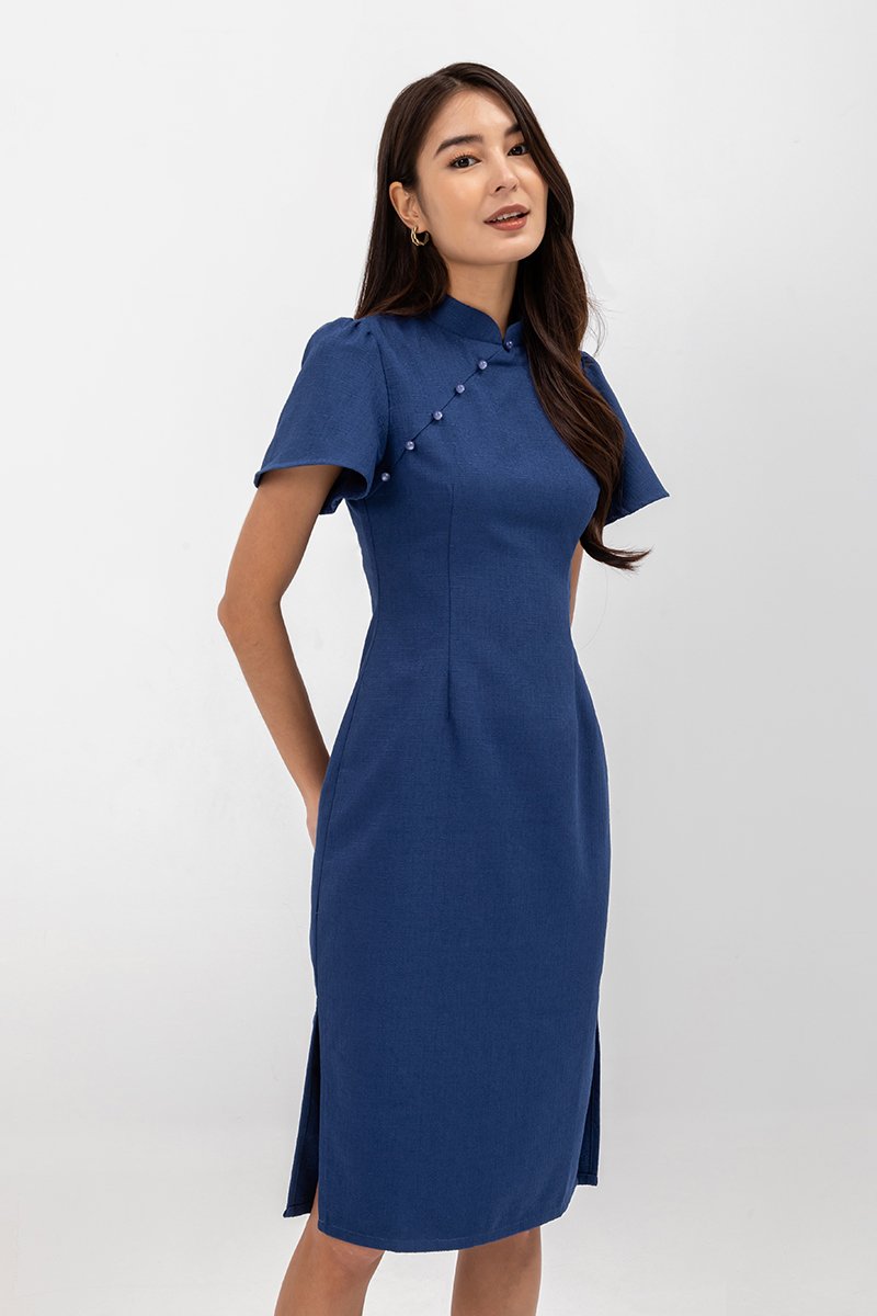 AUBRIELLE FLUTTER SLEEVE TWEED MIDI CHEONGSAM