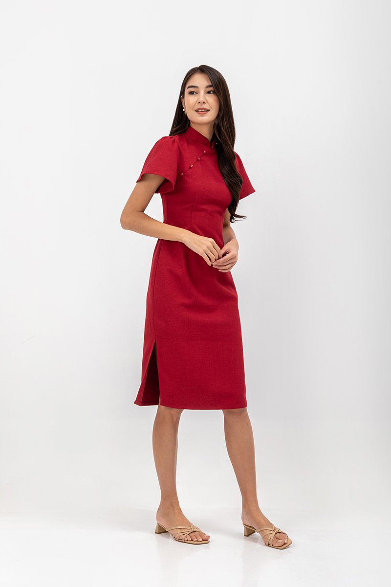 AUBRIELLE FLUTTER SLEEVE TWEED MIDI CHEONGSAM